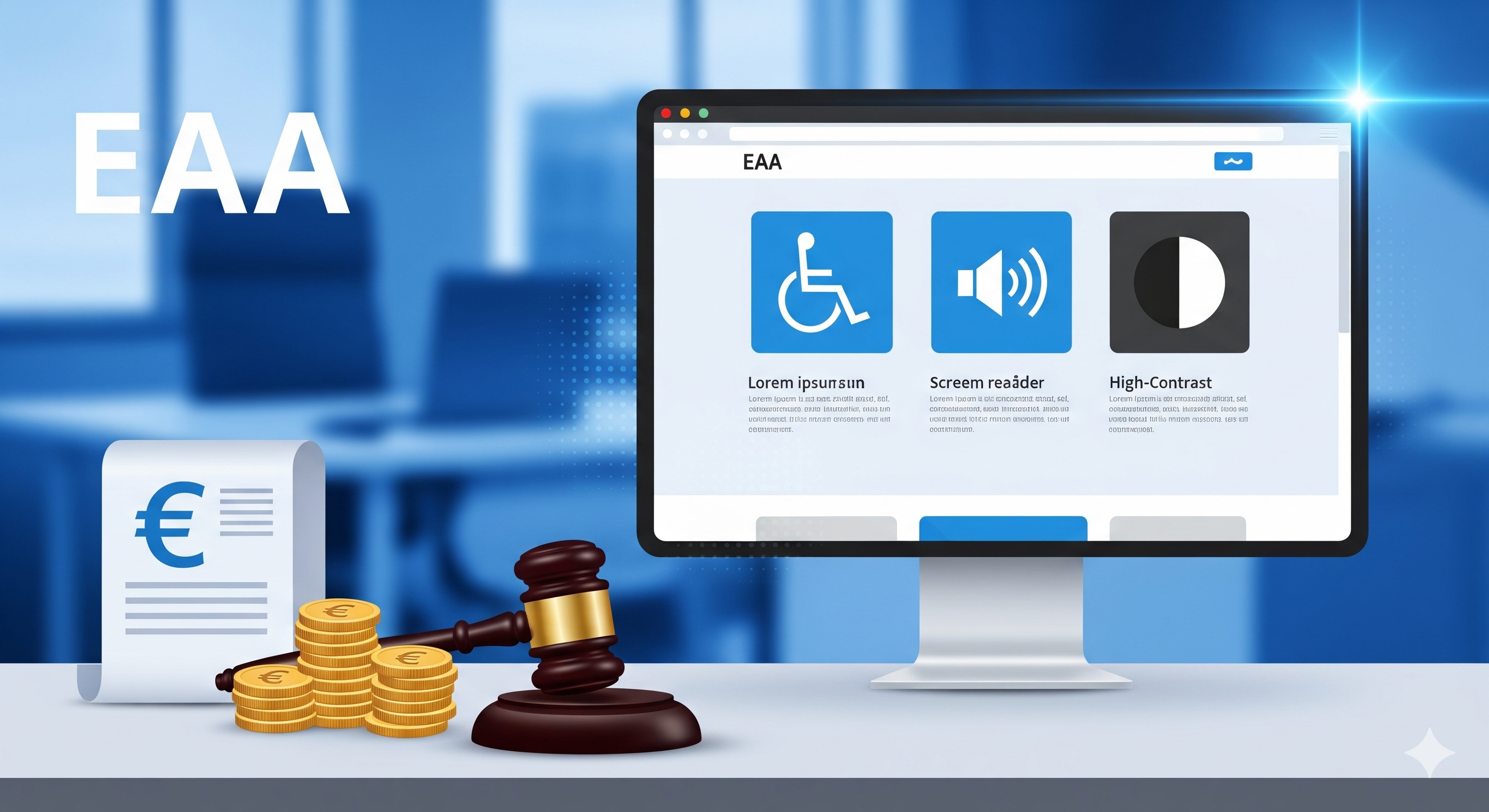 European Accessibility Act penalties illustration showing a gavel, euro coins, and a compliance document next to a monitor displaying accessibility features.