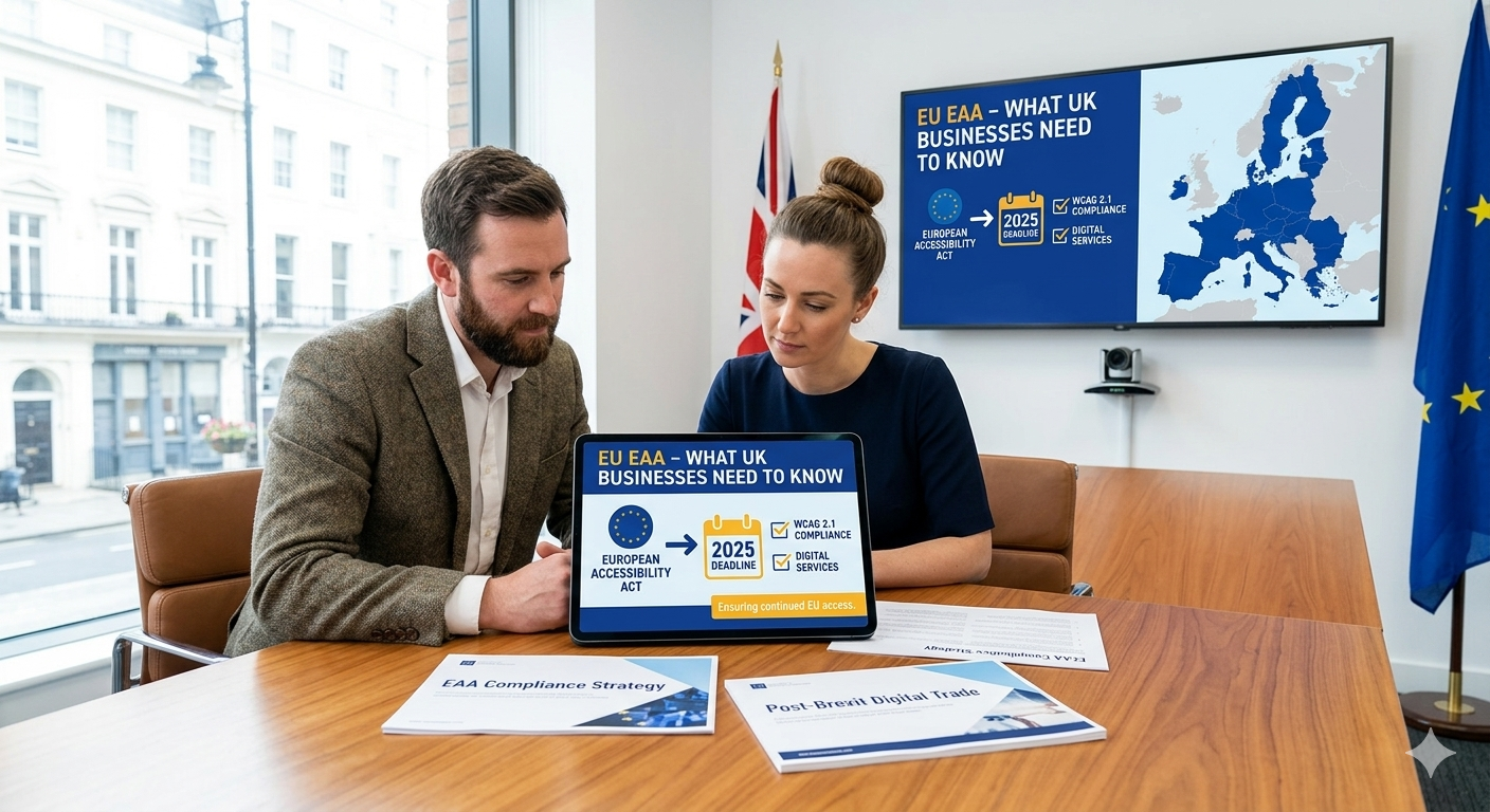 Two professionals in a UK office reviewing European Accessibility Act compliance requirements on a tablet, with EAA strategy documents and EU and UK flags visible.